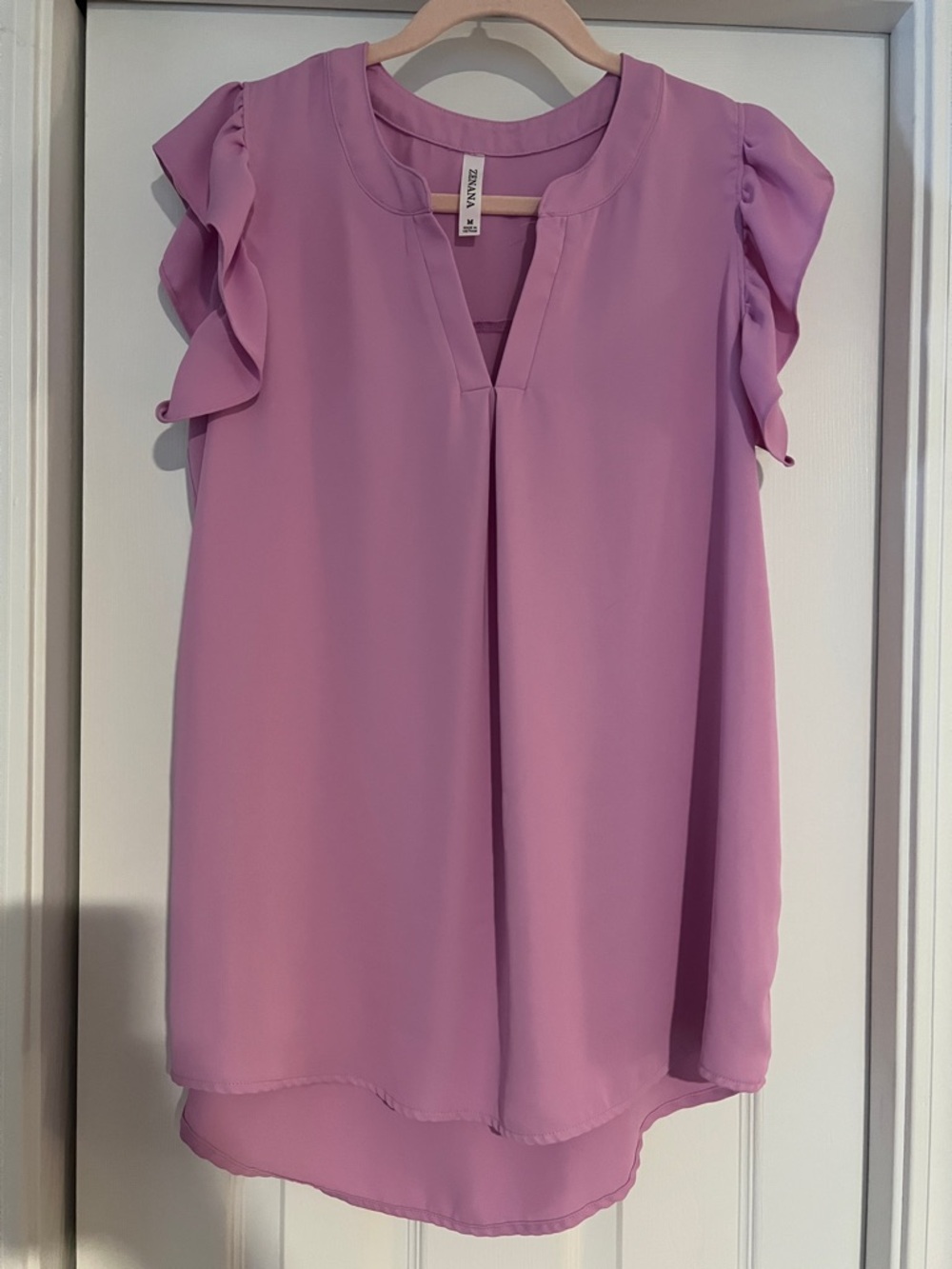 Zenana Outfitters Lavender Ruffle Sleeve Split-Neck Blouse